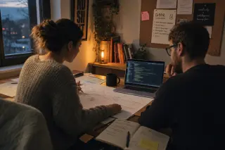 Two entrepreneurs collaborating in a warmly lit home office, focused on digital security and compliance tasks, viewed from an immersive over-the-shoulder angle.