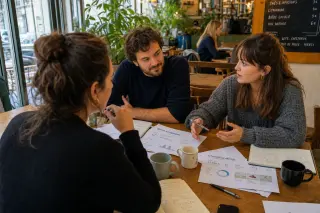 Three French entrepreneurs in a relaxed café coworking space, exchanging feedback over crowdfunding documents in soft daylight