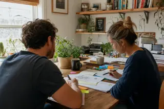 Two entrepreneurs intently discussing business documents at a kitchen table in a cozy, naturally lit home office, surrounded by creative supplies and plants.