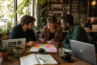 Three entrepreneurs of diverse profiles in relaxed discussion at a cozy café-coworking space, collaborating around a table with natural morning light and creative materials.