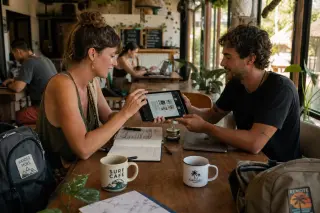 Two entrepreneurs working together at a sunlit, plant-filled café table with laptops and backpacks, collaborating naturally in a cozy, welcoming setting.