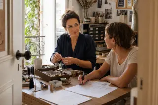 Two women in a cozy workshop collaborate on handmade crafts, working together at a sunlit table filled with tools and projects.