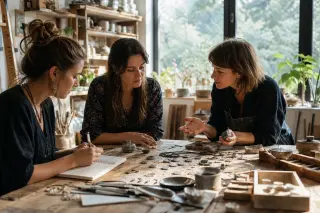 Independent artisans collaborating in a warm, sunlit workshop, gathered around a worktable discussing handmade creations.