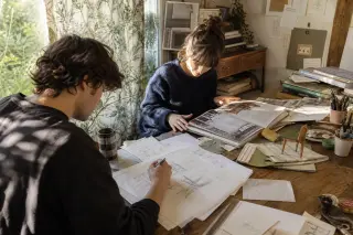 Two creative micro-entrepreneurs collaborating at a sunlit wooden table in a cozy home office, surrounded by sketches, notes, and handmade samples, with a naturally lit, authentic and inviting atmosphere.